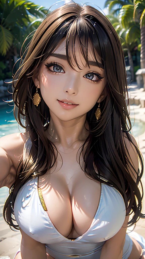 Very detailed, beautiful, highest quality, Professionally taken photos, Like a poster, detailed beautiful round eyes, beautiful detailed face, Whole Body Ezbian, Medium Long Hair, Casual Hairstyles, (Random color hair, Golden mesh), Big eyes, Random color eyes, Long eyelashes, Thick mascara, Dark eyeliner, (Huge breasts), (Bust about to burst:1.25), Wide selection, Thick waist), (Wide Hips:1.25, Toned thighs, Body Curves), 40 years old, woman, (White highleg bikini swimwear, white), (Short tight dress, Mini thght dress), Perfect Face, Perfect body, Sexy pose, (A shy smile), Random Location, nature, (alone), The light on my face,