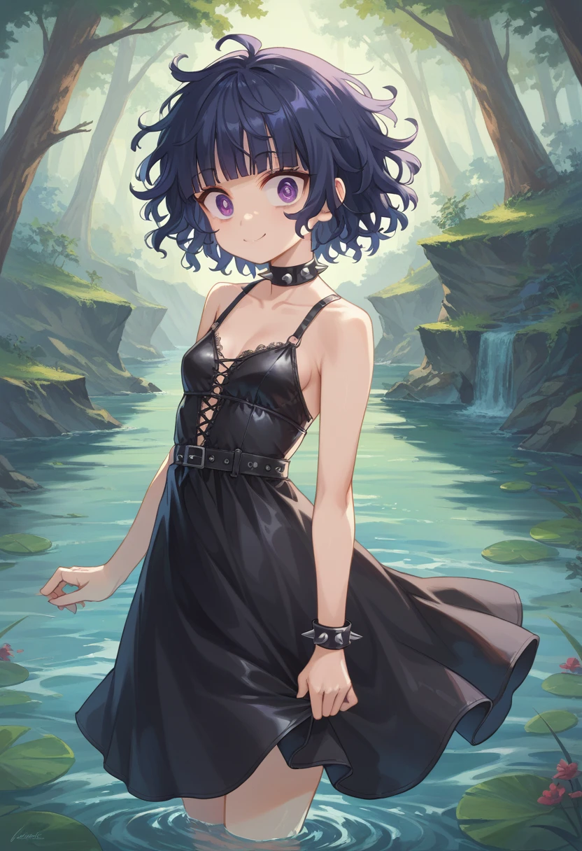 score_9,score_8_up,score_7_up,
1girl,(black dress:1.4),(shaggy hair:1.5),((leather accents)),((spiked jewelry)),skirt,lingerie,blue hair,short hair,blunt bangs,ultra-detailed face,beautiful detailed eyes,((wide-eyed)),violet eyes,small breasts,(cute eyes:1.4),smug expression,solo,
cowboy shot,
woods,water,