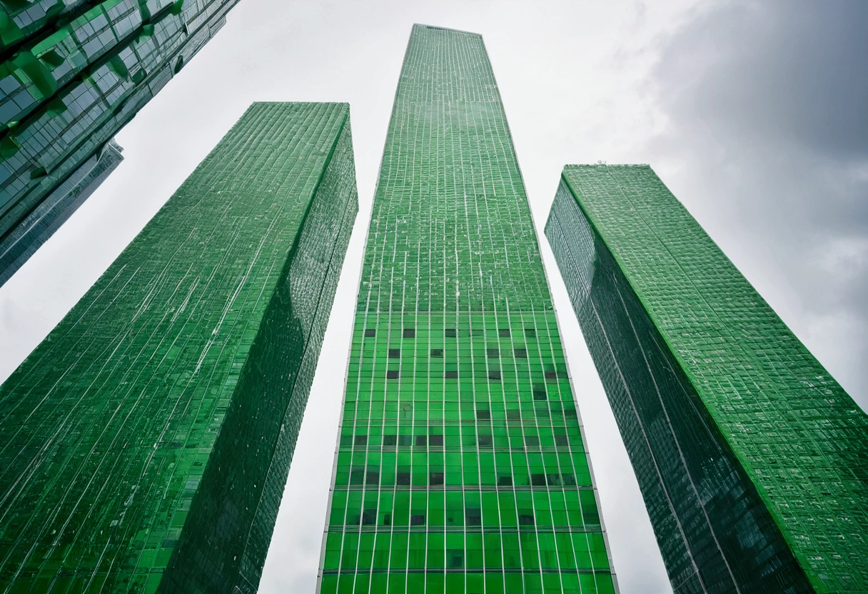 green skyscrapers, modern style. daytime cloudy sky. rainy