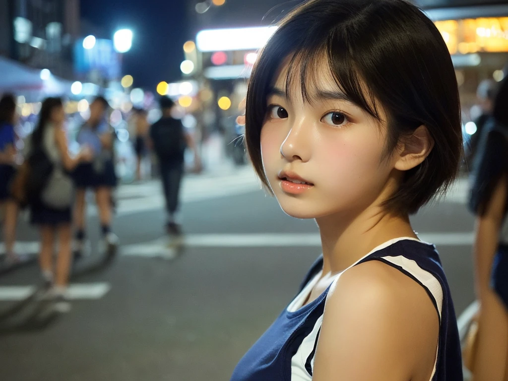 Super detailed　super high quality　super high quality　surreal　photograph　japanese woman　Fair skin　16 years old　((half-open lips:1.3))　beautiful and soft skin　((Beautifully styled straight short hair))  beautiful and perfect body　(very cute:1.3)　A beautiful and transparent young man々new skin　16 years old　(High school girl wearing a sleeveless shirt) big breasts　everyday city　busy city　　((night))　viewer&#39;point of view　　Front view　　 (NSFW:1.2))  　(amazingly cute girl:1.3)　　(Portrait)　The gaze of the men