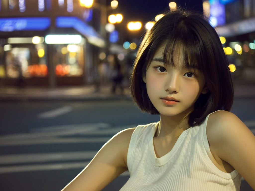 Super detailed super high quality super high quality surreal photograph japanese woman Fair skin 16 years old ((half-open lips:1.3)) beautiful and soft skin ((Beautifully styled straight short hair)) beautiful and perfect body (very cute:1.3) A beautiful and transparent young man々new skin 16 years old (High school girl wearing a sleeveless shirt) big breasts everyday city busy city ((night)) viewer'point of view Front view (NSFW:1.2)) (amazingly cute girl:1.3) (Portrait) The gaze of the men