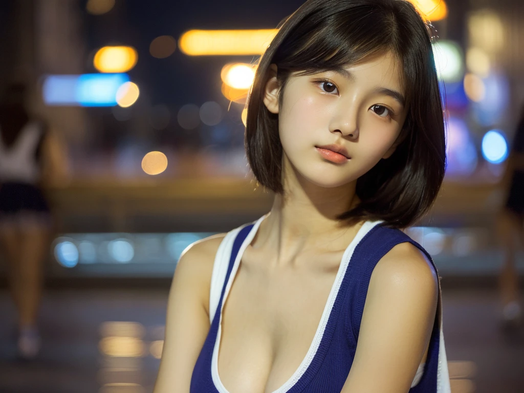 Super detailed super high quality super high quality surreal photograph japanese woman Fair skin 16 years old ((half-open lips:1.3)) beautiful and soft skin ((Beautifully styled straight short hair)) beautiful and perfect body (very cute:1.3) A beautiful and transparent young man々new skin 16 years old (High school girl wearing a sleeveless shirt) big breasts everyday city busy city ((night)) viewer'point of view Front view (NSFW:1.2)) (amazingly cute girl:1.3) (Portrait) The gaze of the men