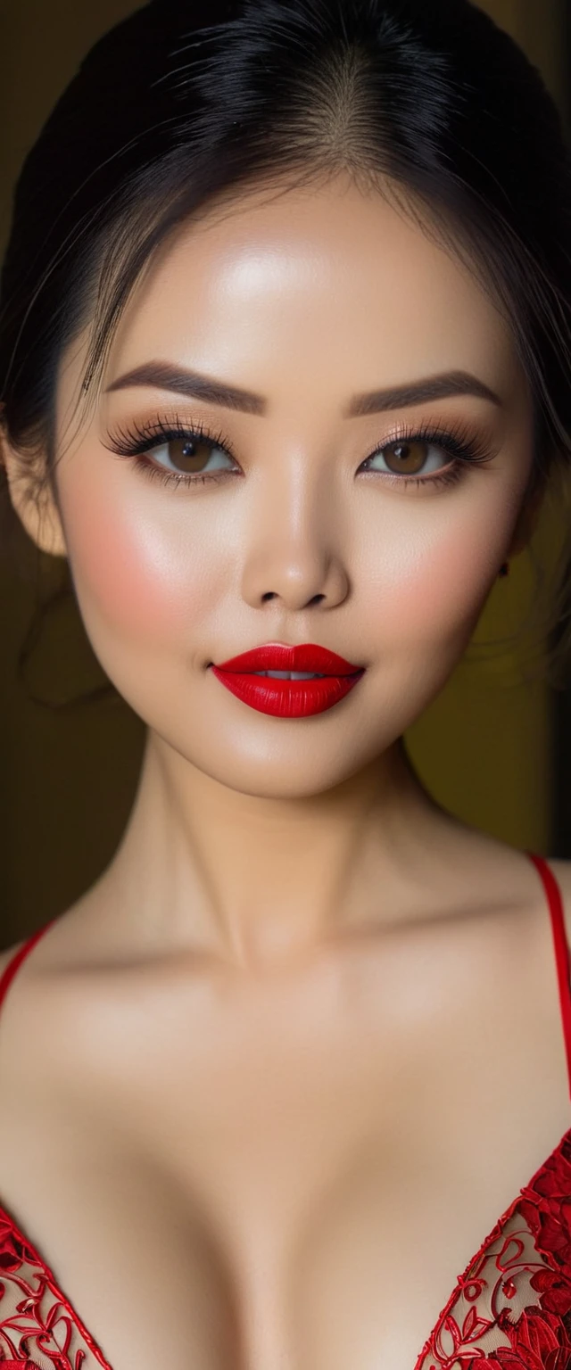 instagram photo, closeup face photo of 23 y.o Chloe in kebaya, Red Lipstick, sensual Lipstick, Sensational Make Up, cleavage, pale skin, (smile:0.4), hard shadows, Red G-STRING, bright lighting