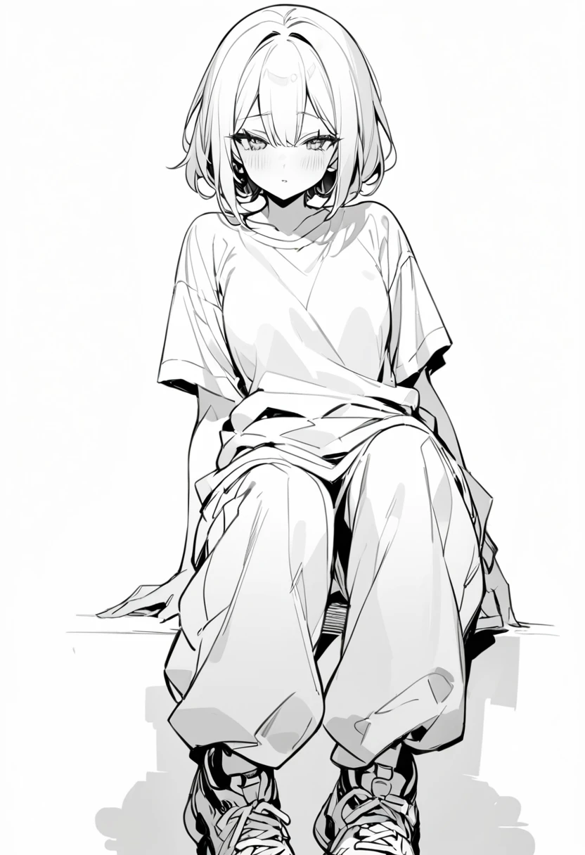 (delicate、masterpiece, Highest quality:1.2), 1 Girl, alone, A loose-fitting monochrome short-sleeved T-shirt, Relaxed wide pants、sneakers、 whole body, Simple Background, White background,Eyes open、Beautiful eyes