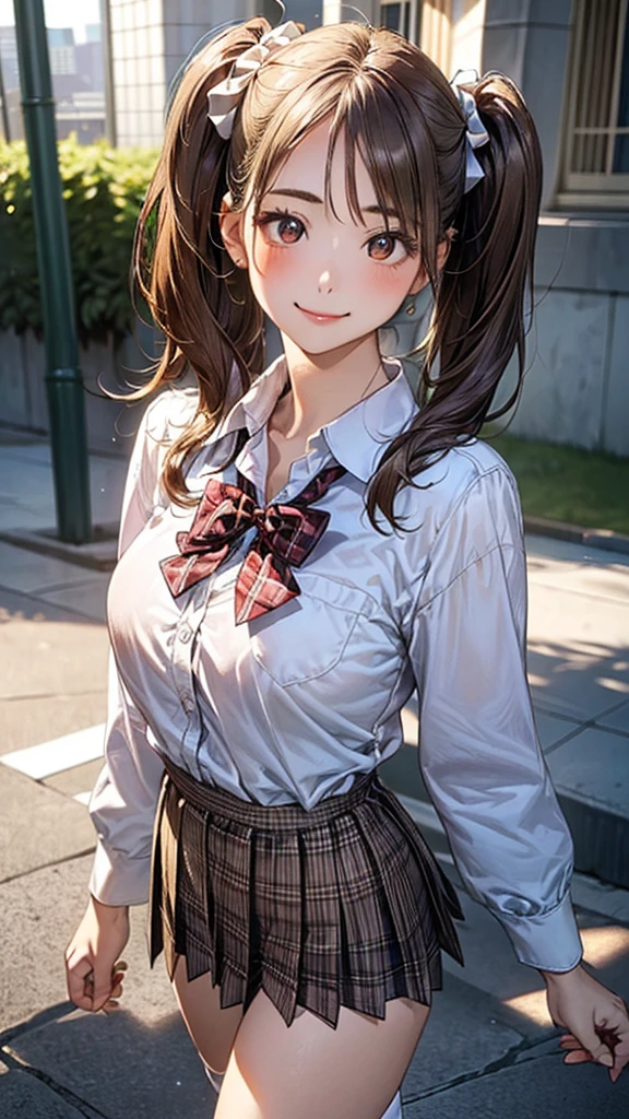 (masterpiece:1.2, Highest quality), (Realistic, photoRealistic:1.4), Beautiful illustrations, (Natural Side Lighting, Cinema Lighting),
View your viewers, Cowboy Shot, Front view:0.6, 1 Girl, Japanese, high school girl, Perfect Face, Cute and symmetrical face, Shiny skin,
(Long Hair:1.8, Twin tails:1.7, Blonde), Parted bangs, Golden Eyes, Long eyelashes, (Large Breasts:0.8, Thick thighs),
Beautiful Hair, Beautiful Face, Beautiful attention to detail, Beautiful clavicle, Beautiful body, Big Breasts, Beautiful thighs, Beautiful feet, Beautiful fingers,
((White collared shirt with long sleeves, Light brown checkered pleated mini skirt, socks, Brown Loafers, red pleated bow tie,
(Beautiful views), evening, Riverside, walking, Place your hand on your chest, (Cute smile, Upward glance),