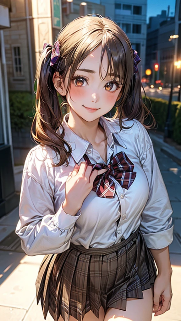 (masterpiece:1.2, Highest quality), (Realistic, photoRealistic:1.4), Beautiful illustrations, (Natural Side Lighting, Cinema Lighting),
View your viewers, Cowboy Shot, Front view:0.6, 1 Girl, Japanese, high school girl, Perfect Face, Cute and symmetrical face, Shiny skin,
(Long Hair:1.8, Twin tails:1.7, Blonde), Parted bangs, Golden Eyes, Long eyelashes, (Large Breasts:0.8, Thick thighs),
Beautiful Hair, Beautiful Face, Beautiful attention to detail, Beautiful clavicle, Beautiful body, Big Breasts, Beautiful thighs, Beautiful feet, Beautiful fingers,
((White collared shirt with long sleeves, Light brown checkered pleated mini skirt, socks, Brown Loafers, red pleated bow tie,
(Beautiful views), evening, Riverside, walking, Place your hand on your chest, (Cute smile, Upward glance),