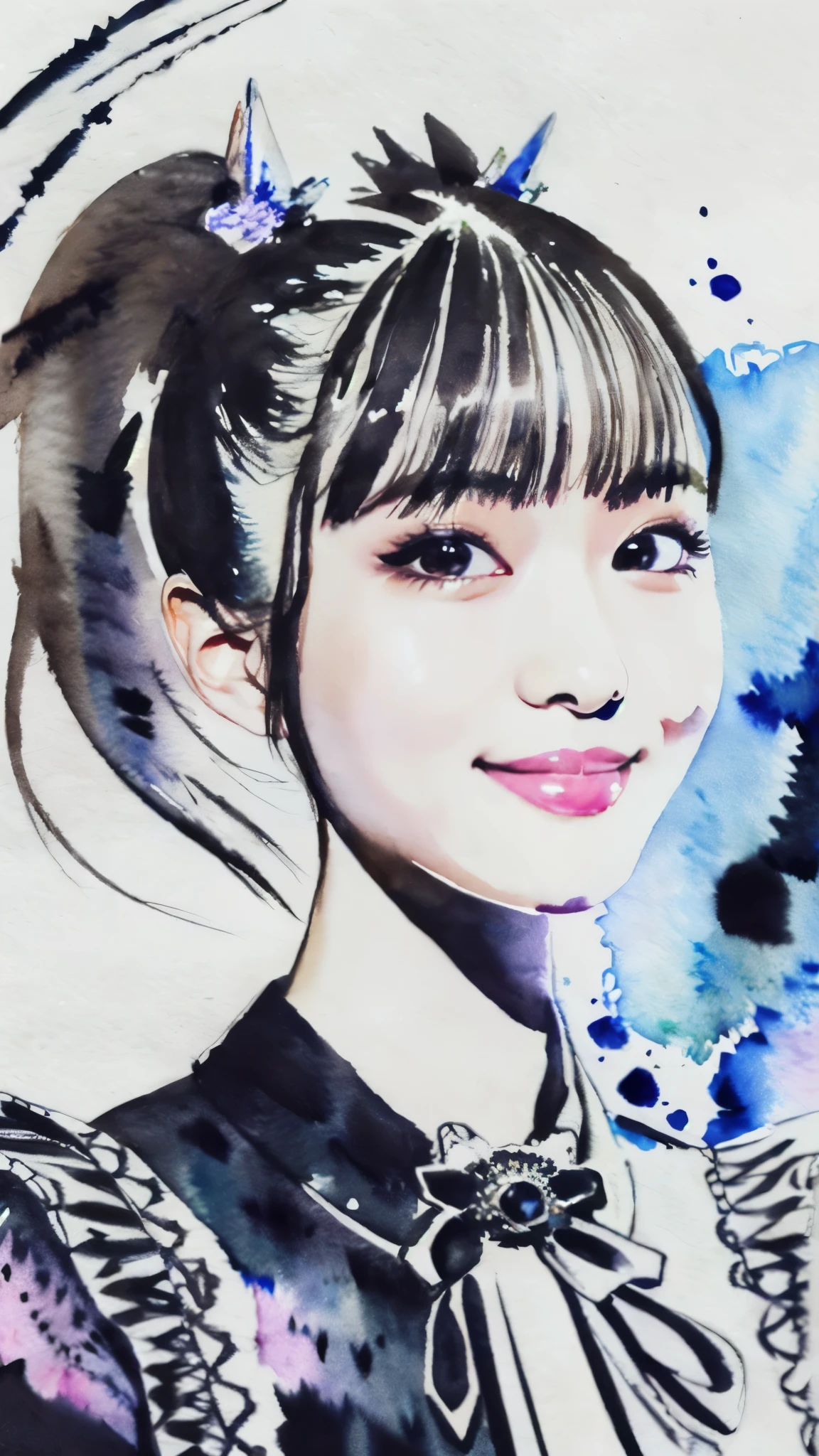 (masterpiece:1.2),(Highest quality),(Very detailed),(High resolution),8K,wallpaper,((Watercolor)),Photo of a woman in a black dress by Babymetal,((moakiku:1.3)),Full body portrait,Very beautiful face,(Detailed skin texture:1.3),(Beautiful portrait:1.2),A lovely and delicate face,Beautiful young Japanese woman,front,(Flashy makeup),(smile)