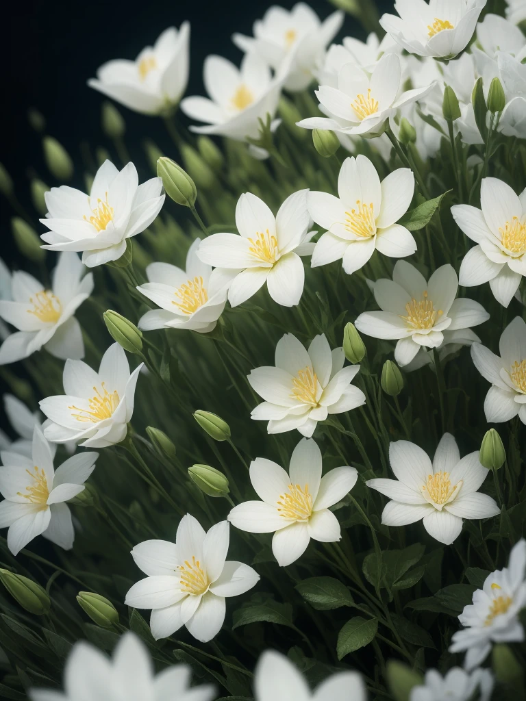 there are many white flowers that are growing in the grass, a macro photograph by Igor Zenin, flickr, art nouveau, extremely beautiful and ethereal, glowing flowers, luminous flowers, ethereal!!!!!!!, ethereal beauty, pale green glow, glowing delicate flower, magical flowers, incredibly ethereal, beautiful!!!!!!!!!, glowing neon flowers, pale green backlit glow, very ethereal