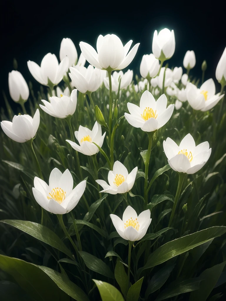 there are many white flowers that are growing in the grass, a macro photograph by Igor Zenin, flickr, art nouveau, extremely beautiful and ethereal, glowing flowers, luminous flowers, ethereal!!!!!!!, ethereal beauty, pale green glow, glowing delicate flower, magical flowers, incredibly ethereal, beautiful!!!!!!!!!, glowing neon flowers, pale green backlit glow, very ethereal