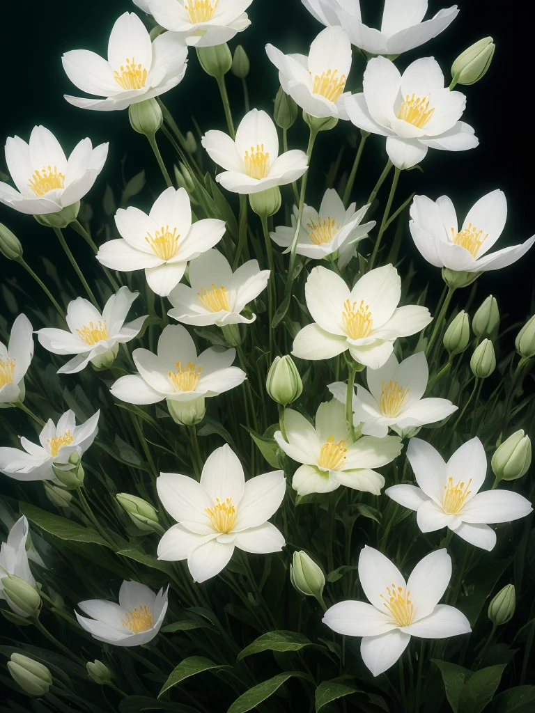 there are many white flowers that are growing in the grass, a macro photograph by Igor Zenin, flickr, art nouveau, extremely beautiful and ethereal, glowing flowers, luminous flowers, ethereal!!!!!!!, ethereal beauty, pale green glow, glowing delicate flower, magical flowers, incredibly ethereal, beautiful!!!!!!!!!, glowing neon flowers, pale green backlit glow, very ethereal