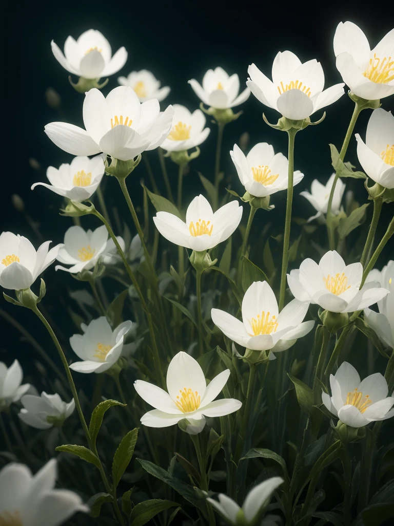 there are many white flowers that are growing in the grass, a macro photograph by Igor Zenin, flickr, art nouveau, extremely beautiful and ethereal, glowing flowers, luminous flowers, ethereal!!!!!!!, ethereal beauty, pale green glow, glowing delicate flower, magical flowers, incredibly ethereal, beautiful!!!!!!!!!, glowing neon flowers, pale green backlit glow, very ethereal