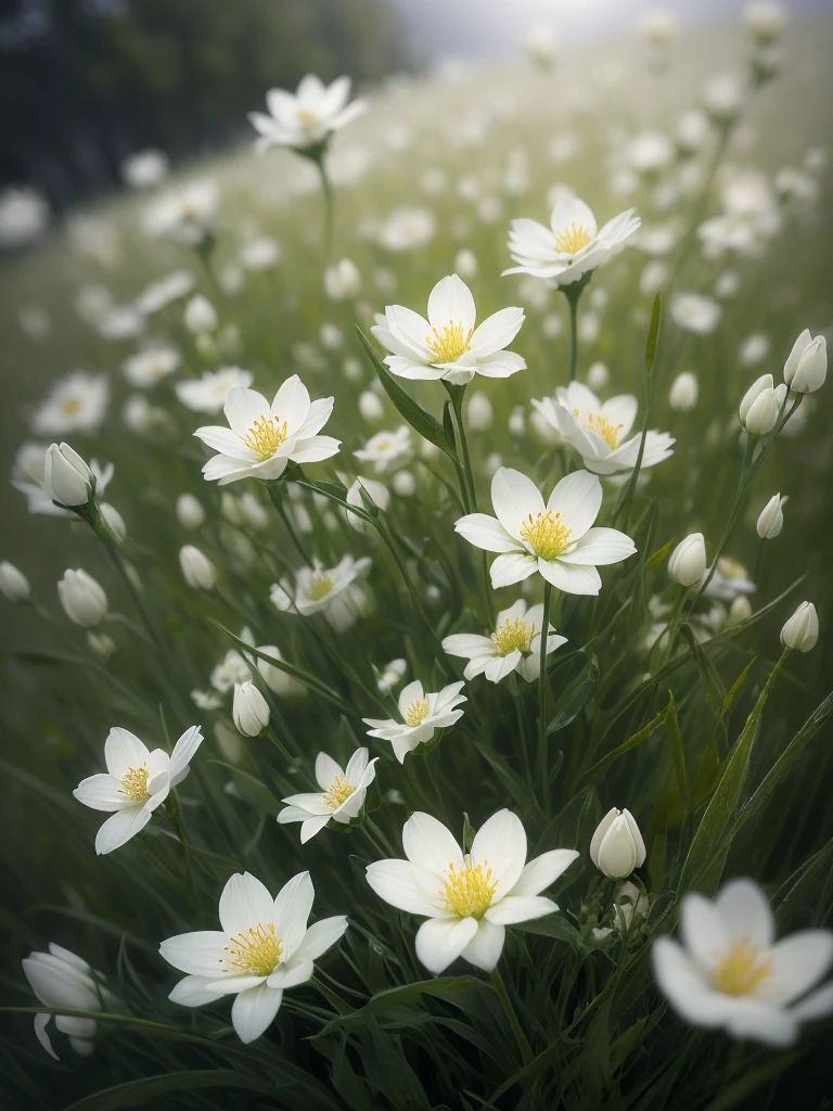 there are many white flowers that are growing in the grass, a macro photograph by Igor Zenin, flickr, art nouveau, extremely beautiful and ethereal, glowing flowers, luminous flowers, ethereal!!!!!!!, ethereal beauty, pale green glow, glowing delicate flower, magical flowers, incredibly ethereal, beautiful!!!!!!!!!, glowing neon flowers, pale green backlit glow, very ethereal