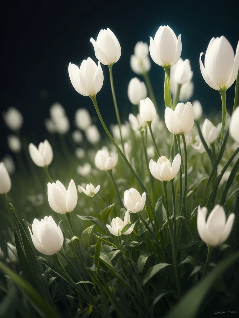 there are many white flowers that are growing in the grass, a macro photograph by Igor Zenin, flickr, art nouveau, extremely beautiful and ethereal, glowing flowers, luminous flowers, ethereal!!!!!!!, ethereal beauty, pale green glow, glowing delicate flower, magical flowers, incredibly ethereal, beautiful!!!!!!!!!, glowing neon flowers, pale green backlit glow, very ethereal