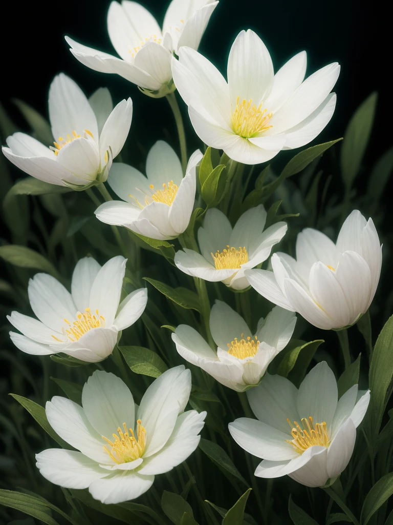 there are many white flowers that are growing in the grass, a macro photograph by Igor Zenin, flickr, art nouveau, extremely beautiful and ethereal, glowing flowers, luminous flowers, ethereal!!!!!!!, ethereal beauty, pale green glow, glowing delicate flower, magical flowers, incredibly ethereal, beautiful!!!!!!!!!, glowing neon flowers, pale green backlit glow, very ethereal