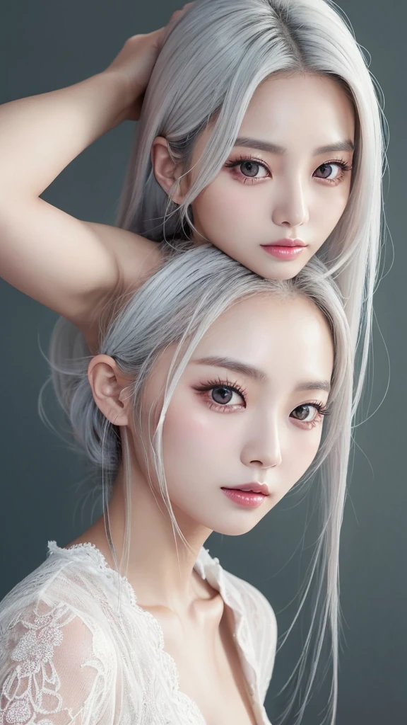 TWICE tzuyu, Korean beauty, silvery white hair, long hair, small face, fair skin, narrow eyes, slanted eyes, slender, big breasts, sex appeal, lustrous, mature