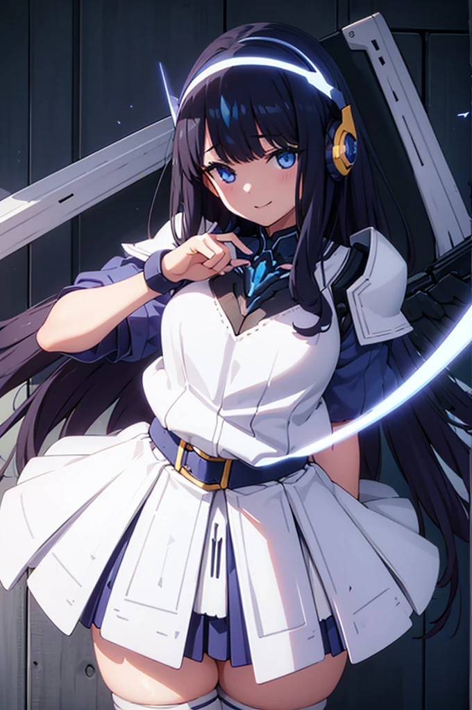 Mecha Wings、White and blue skirt、Accentuated thighs、White tights、chest、Beautiful black hair、1 girl、solo girl、Thick thighs、is、Frame Arms Girl、Alice Gere Aegis、White Armor、Blue and purple lines、income、headphone、hand on own chest、smile