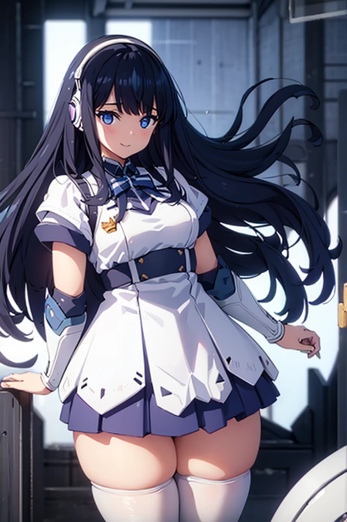 Mecha Wings、White and blue skirt、Accentuated thighs、White tights、chest、Beautiful black hair、1 girl、solo girl、Thick thighs、is、Frame Arms Girl、Alice Gere Aegis、White Armor、Blue and purple lines、income、headphone、hand on own chest、smile