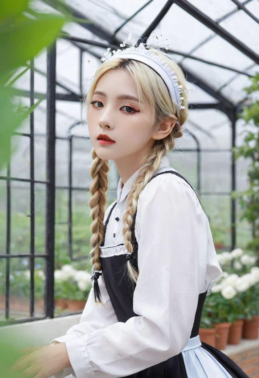 ((Flower Type)), (), (1 Girl), (((Solitary))), (Practical:1.5), Light Particles, Light, Victorian Era, (Best Illustration Award), photoPractical, Octane Rendering, 8K, Neon, Flying Cars, Delicate face, Delicate eyes, ((maid)), maid headband, Long braids, Very long hair, Blonde hair, blue eyes, (Sharp eyeliner, Eyeshadow, Delicate eyes:1.1), (ulzzang-6500), Model pose, (permanent), (outdoor), Noon time, Public area, indoors, (Green house in the background), Breaking down the G36