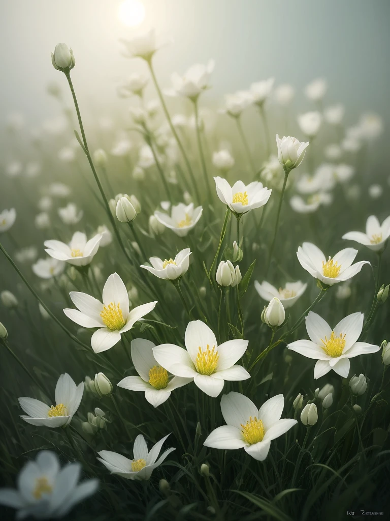 there are many white flowers that are growing in the grass, a macro photograph by Igor Zenin, flickr, art nouveau, extremely beautiful and ethereal, glowing flowers, luminous flowers, ethereal!!!!!!!, ethereal beauty, pale green glow, glowing delicate flower, magical flowers, incredibly ethereal, beautiful!!!!!!!!!, glowing neon flowers, pale green backlit glow, very ethereal