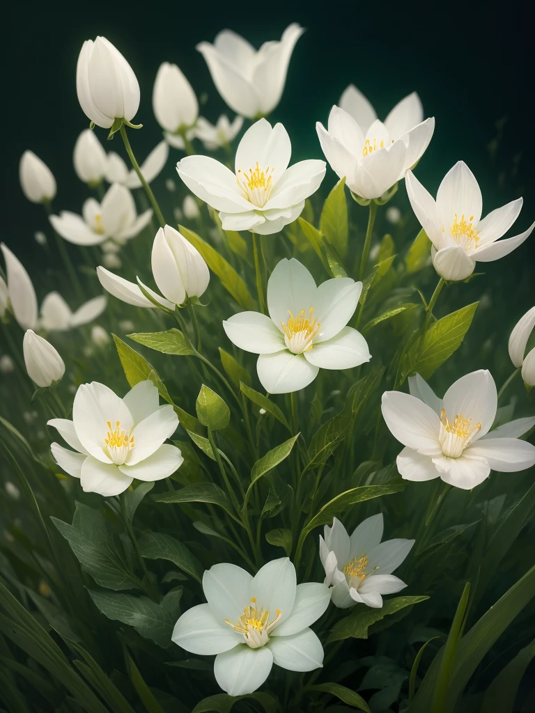 there are many white flowers that are growing in the grass, a macro photograph by Igor Zenin, flickr, art nouveau, extremely beautiful and ethereal, glowing flowers, luminous flowers, ethereal!!!!!!!, ethereal beauty, pale green glow, glowing delicate flower, magical flowers, incredibly ethereal, beautiful!!!!!!!!!, glowing neon flowers, pale green backlit glow, very ethereal