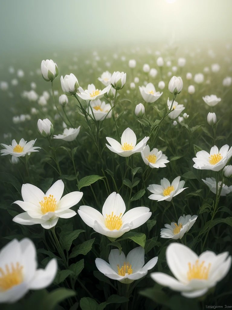 there are many white flowers that are growing in the grass, a macro photograph by Igor Zenin, flickr, art nouveau, extremely beautiful and ethereal, glowing flowers, luminous flowers, ethereal!!!!!!!, ethereal beauty, pale green glow, glowing delicate flower, magical flowers, incredibly ethereal, beautiful!!!!!!!!!, glowing neon flowers, pale green backlit glow, very ethereal