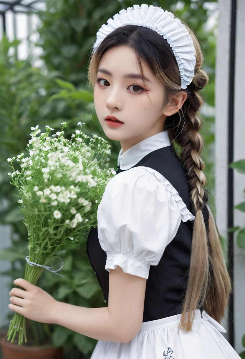 ((Flower Type)), (), (1 Girl), (((Solitary))), (Practical:1.5), Light Particles, Light, Victorian Era, (Best Illustration Award), photoPractical, Octane Rendering, 8K, Neon, Flying Cars, Delicate face, Delicate eyes, ((maid)), maid headband, Long braids, Very long hair, Blonde hair, blue eyes, (Sharp eyeliner, Eyeshadow, Delicate eyes:1.1), (ulzzang-6500), Model pose, (permanent), (outdoor), Noon time, Public area, indoors, (Green house in the background), Breaking down the G36