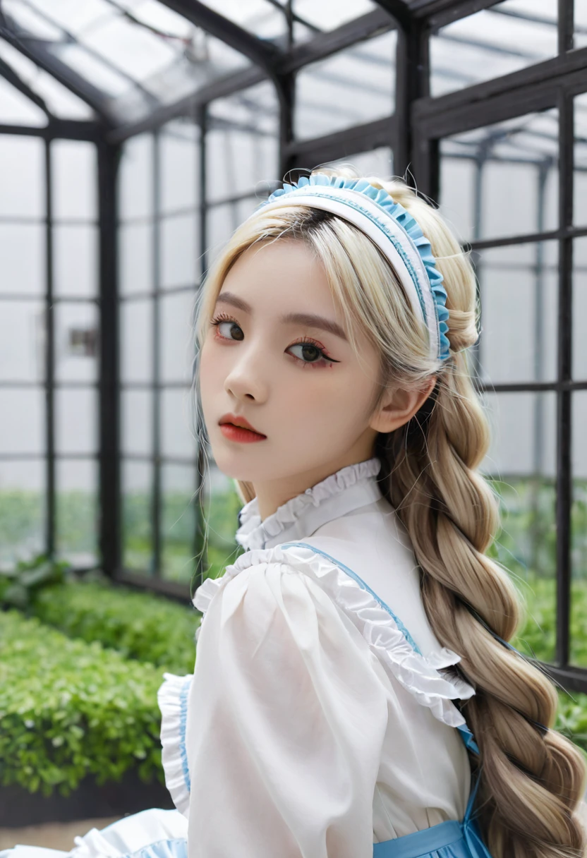 ((Flower Type)), (), (1 Girl), (((Solitary))), (Practical:1.5), Light Particles, Light, Victorian Era, (Best Illustration Award), photoPractical, Octane Rendering, 8K, Neon, Flying Cars, Delicate face, Delicate eyes, ((maid)), maid headband, Long braids, Very long hair, Blonde hair, blue eyes, (Sharp eyeliner, Eyeshadow, Delicate eyes:1.1), (ulzzang-6500), Model pose, (permanent), (outdoor), Noon time, Public area, indoors, (Green house in the background), Breaking down the G36