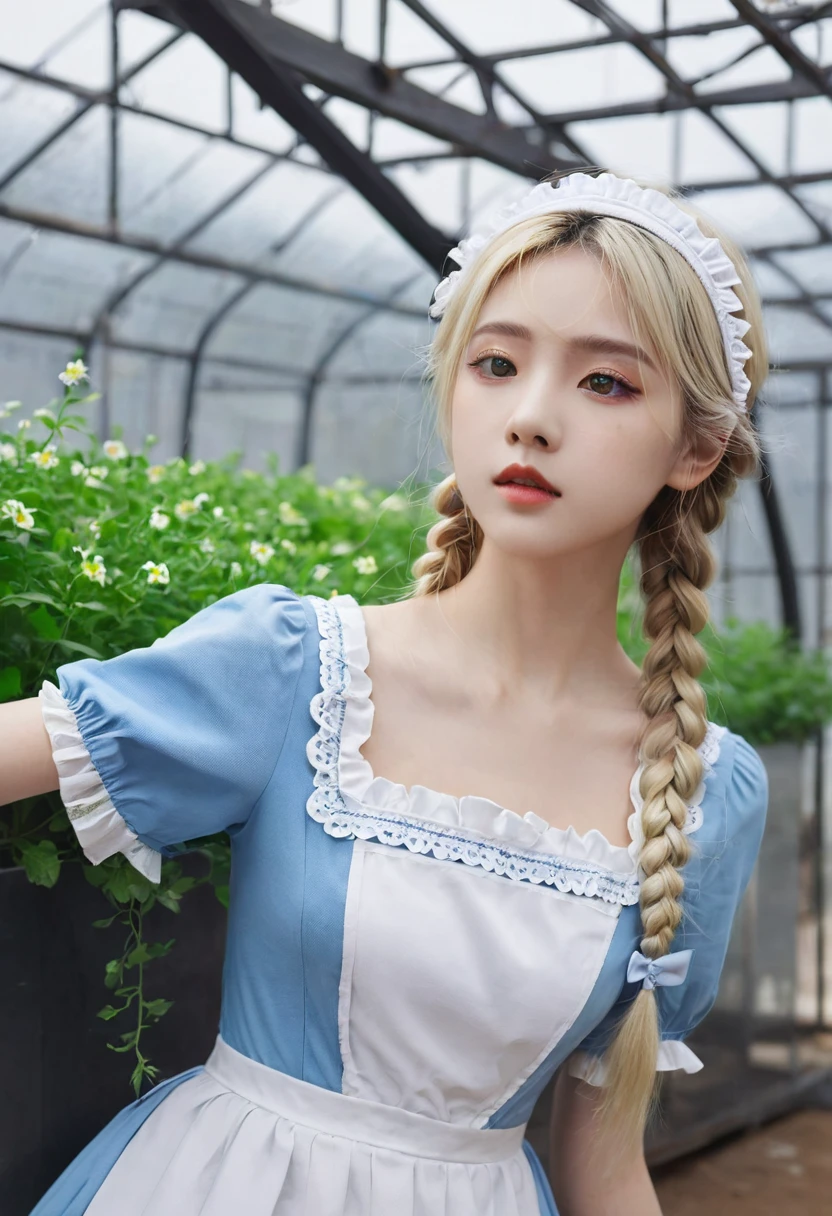 ((Flower Type)), (), (1 Girl), (((Solitary))), (Practical:1.5), Light Particles, Light, Victorian Era, (Best Illustration Award), photoPractical, Octane Rendering, 8K, Neon, Flying Cars, Delicate face, Delicate eyes, ((maid)), maid headband, Long braids, Very long hair, Blonde hair, blue eyes, (Sharp eyeliner, Eyeshadow, Delicate eyes:1.1), (ulzzang-6500), Model pose, (permanent), (outdoor), Noon time, Public area, indoors, (Green house in the background), Breaking down the G36