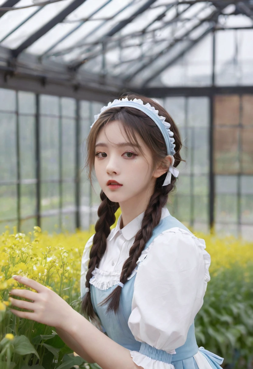 ((Flower Type)), (), (1 Girl), (((Solitary))), (Practical:1.5), Light Particles, Light, Victorian Era, (Best Illustration Award), photoPractical, Octane Rendering, 8K, Neon, Flying Cars, Delicate face, Delicate eyes, ((maid)), maid headband, Long braids, Very long hair, Blonde hair, blue eyes, (Sharp eyeliner, Eyeshadow, Delicate eyes:1.1), (ulzzang-6500), Model pose, (permanent), (outdoor), Noon time, Public area, indoors, (Green house in the background), Breaking down the G36  
