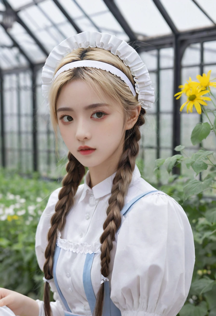 ((Flower Type)), (), (1 Girl), (((Solitary))), (Practical:1.5), Light Particles, Light, Victorian Era, (Best Illustration Award), photoPractical, Octane Rendering, 8K, Neon, Flying Cars, Delicate face, Delicate eyes, ((maid)), maid headband, Long braids, Very long hair, Blonde hair, blue eyes, (Sharp eyeliner, Eyeshadow, Delicate eyes:1.1), (ulzzang-6500), Model pose, (permanent), (outdoor), Noon time, Public area, indoors, (Green house in the background), Breaking down the G36