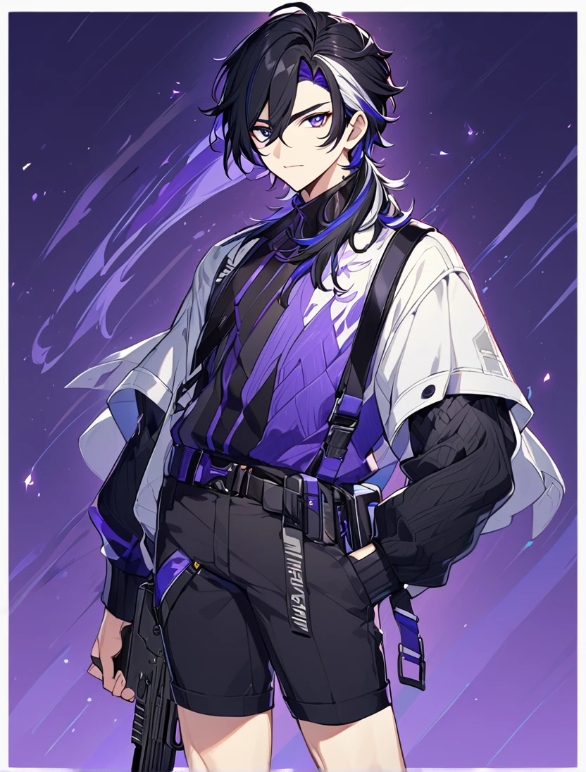 A stunning animie male with Black hair. His eyes are practically covered with his hair. His eyes are two diffrent colors, one blue, one purple. He has casual clothes on with a gun