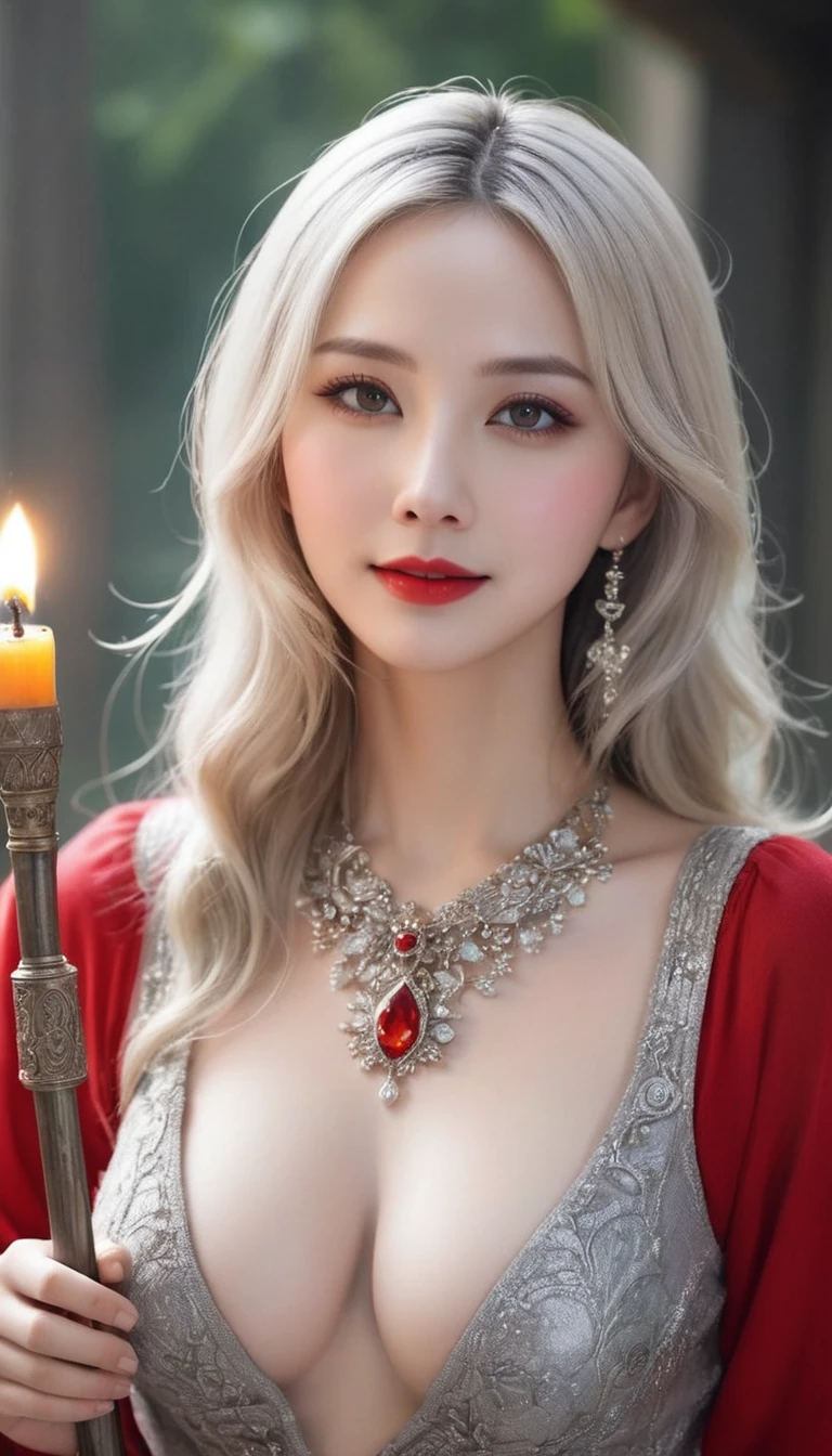 (((surreal woman)))、((Very beautiful 30 year old white woman))、(((Big big cleavage)))、のwitch girl、blonde mature、Plump figure、smile、Middle-aged beauty 、Very delicate and delicate skin texture、witch girl、{(Ancient ornate and luxurious temple)、(Many torches are burning)}、Red lips、Beautiful scarlet eyes、(((Gorgeous and glamorous silver outfit and luxurious accessories)))、I have a shiny platinum wand、