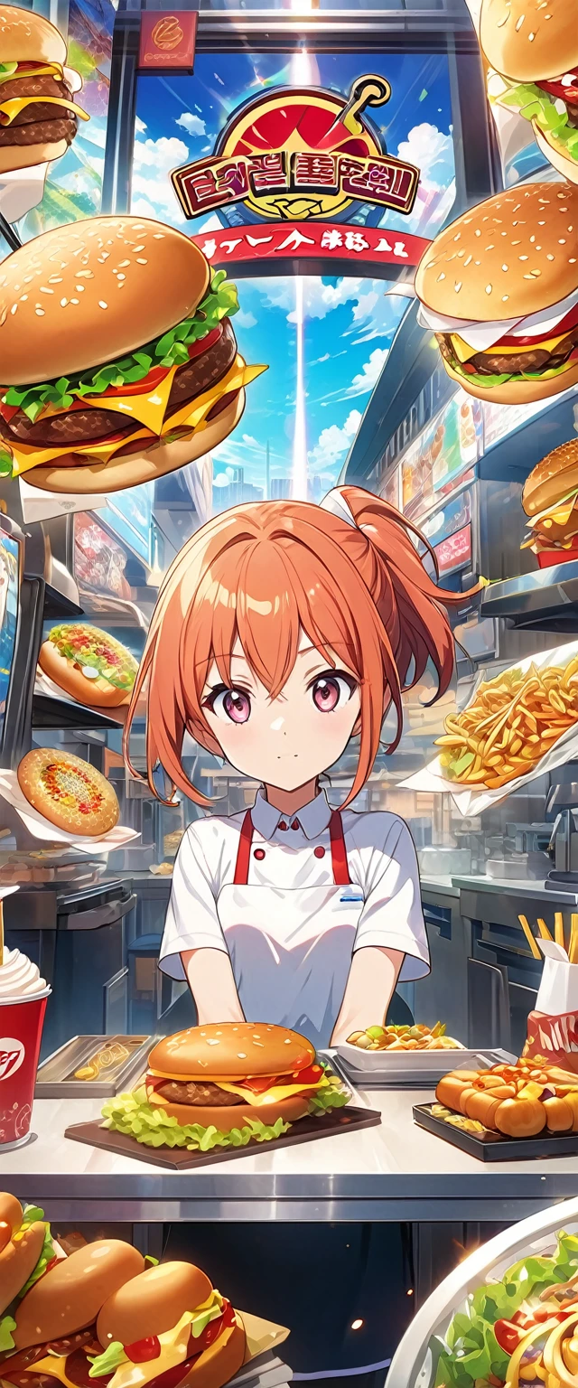 Close-up of beautiful, cute, hard-working and lively fast food restaurant clerk.Beautiful and extremely textured foreground and background，detailed, bright, Animation style high definition and high quality presentation,