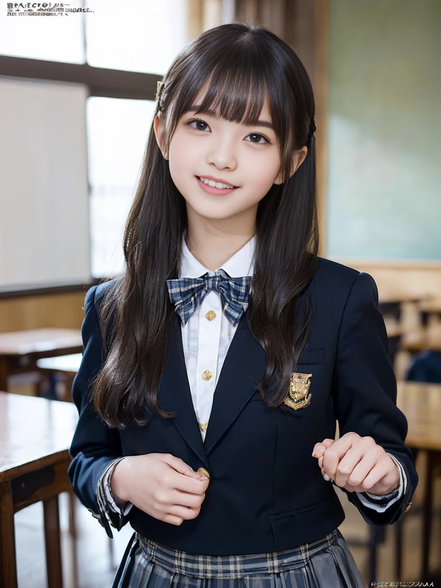 (Highest quality, masterpiece:1.2), Highest quality, Realistic, photograph, High resolution, 1080P, 8K, Physical Rendering, ((height: 155cm)), ((((((A beautiful -yeld faon model featured in a Japanese fashion magazine、Look directly at the viewer)))))), (((big, Very fine, Beautiful dark brown eyes))), ((((Everyone loves me、They are Laughter at me.!)))), Detailed fingers, (((Curled bangs))), ((((Very noble and cute eyes, Every detail is carefully drawn)))), ((double eyelid)), (((Long eyelashes))), ((cute、Adorable、Adorable、Laughter、Laughter頬)), ((Pure white light hits my nose and cheeks. Her eyes and the white skin of her face are beautifully white......)), (((((Her face is very expressive、With a noble smile。, so sweet, very smart))))), ((((A striking plain navy large school ribbon bow tie)))), ((((so beautiful、very long black braided hair)))), (((((((She rolled up her formal long pleated skirt, blue and navy tartan check, to reveal her lower body.。..))))))), ((((The size is a bit large、With gold emblem.、Dark blue formal blazer)))), ((As elegant as a noble princess)), ((Girls dancing in the classroom)), ((Three girls from the side, From an elegantly rolled up skirt、The three of her naked lower halves are visible.。, Create striking images..))