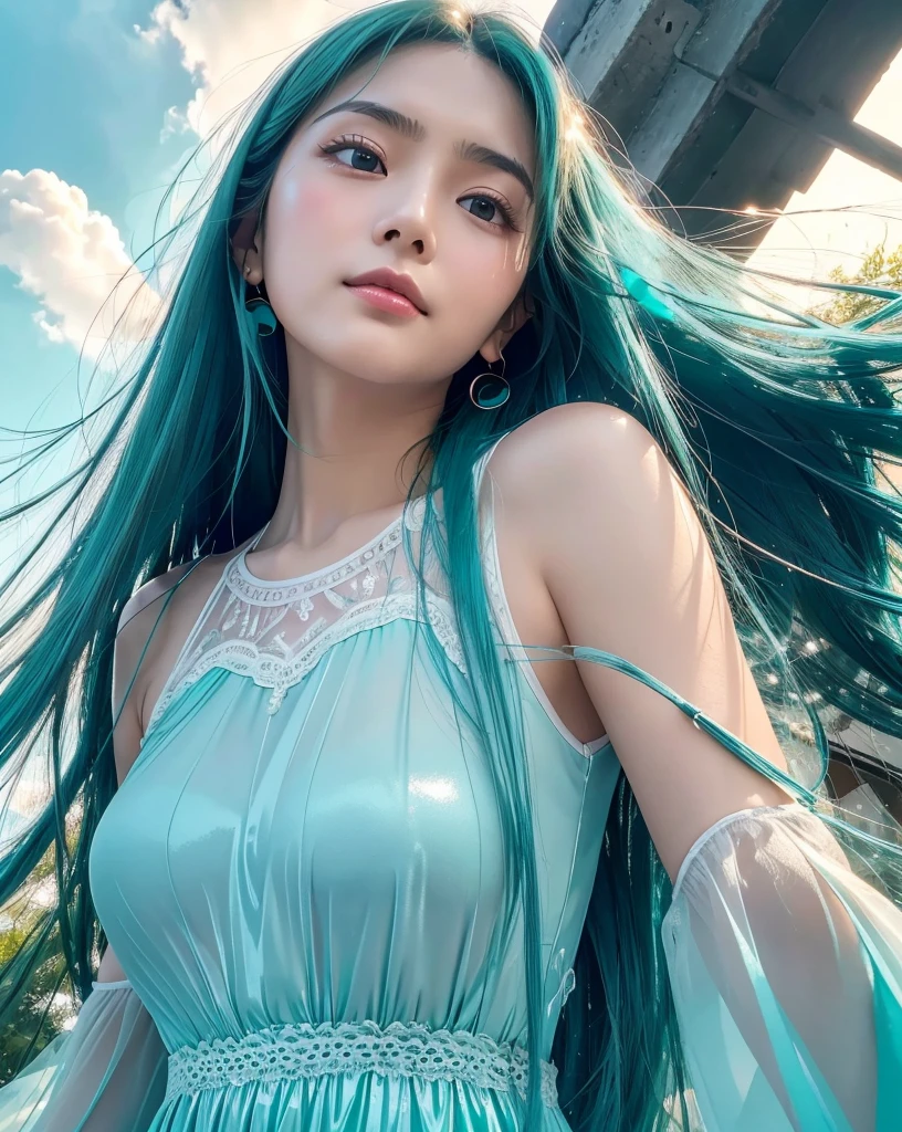 (Highest quality, 32k, High resolution, Masterpiece:1.5, ), marimo_jet, god々A photograph with brilliant dazzling and healing power., Evoking a sense of calm and elusive beauty, Expressing emotions, Have a rich imagination, Beautiful Japanese Girls, ((Low - Angle:1.4)), An exceptionally beautiful face, Small Face Beauty, Perfect Human Anatomy, Magical big eyes, Motherhood and generosity, Deep Love, fleeting smile, ((Shiny turquoise hair:1.4)), Super long straight silk hair swaying in the wind, Asymmetrical bangs, Hair between the eyes, Transparent, soft white skin, Sharp eyebrows, Thin lashes, Natural Makeup, Cheek highlighter, Lips with fine detail, (White see-through camisole:1.4), High resolutionの完璧な鎖骨, High resolutionの美しい胸元, Slim figure with ample breasts, High resolutionの美しい太もも, ((Beautifully detailed skies:1.2)), ((Vibrant petal effect:1.3)), Professional photographer, Professional Lighting, Professional models, god秘的