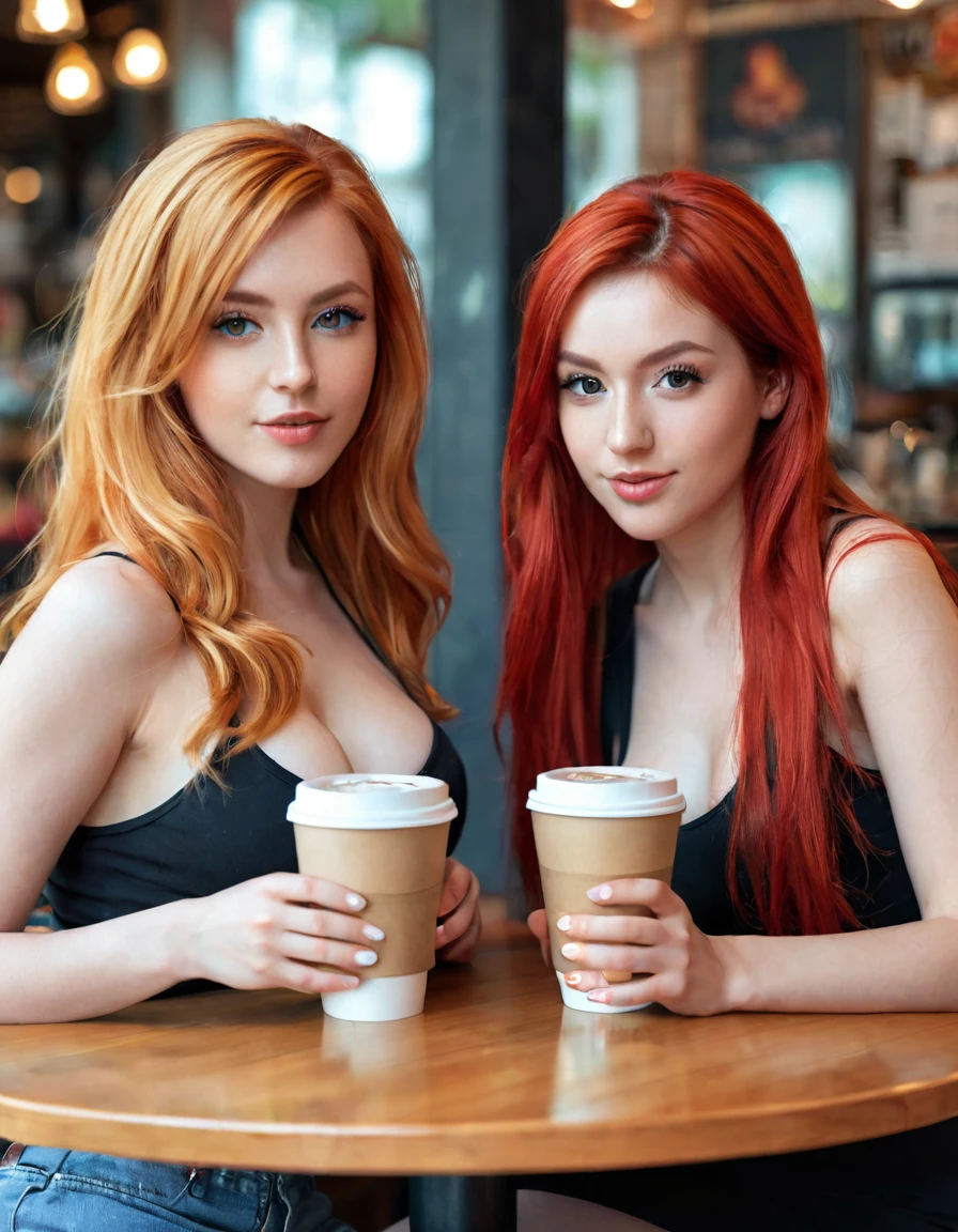 ultra realistic, photography, two women, one girl with long red hair, girl, 24 years old, hourglass figure, perfect body, Flirty look, extremely detailed artgerm, in the style artgerm, small breasts, facing the camera, Nikon z fx, lens 35 mm, blur background, the other girl has blonde long hair, they are sitting at a table in a coffee shop. tweo coffee cups are on the table, they are both wearing colourful t-shirts