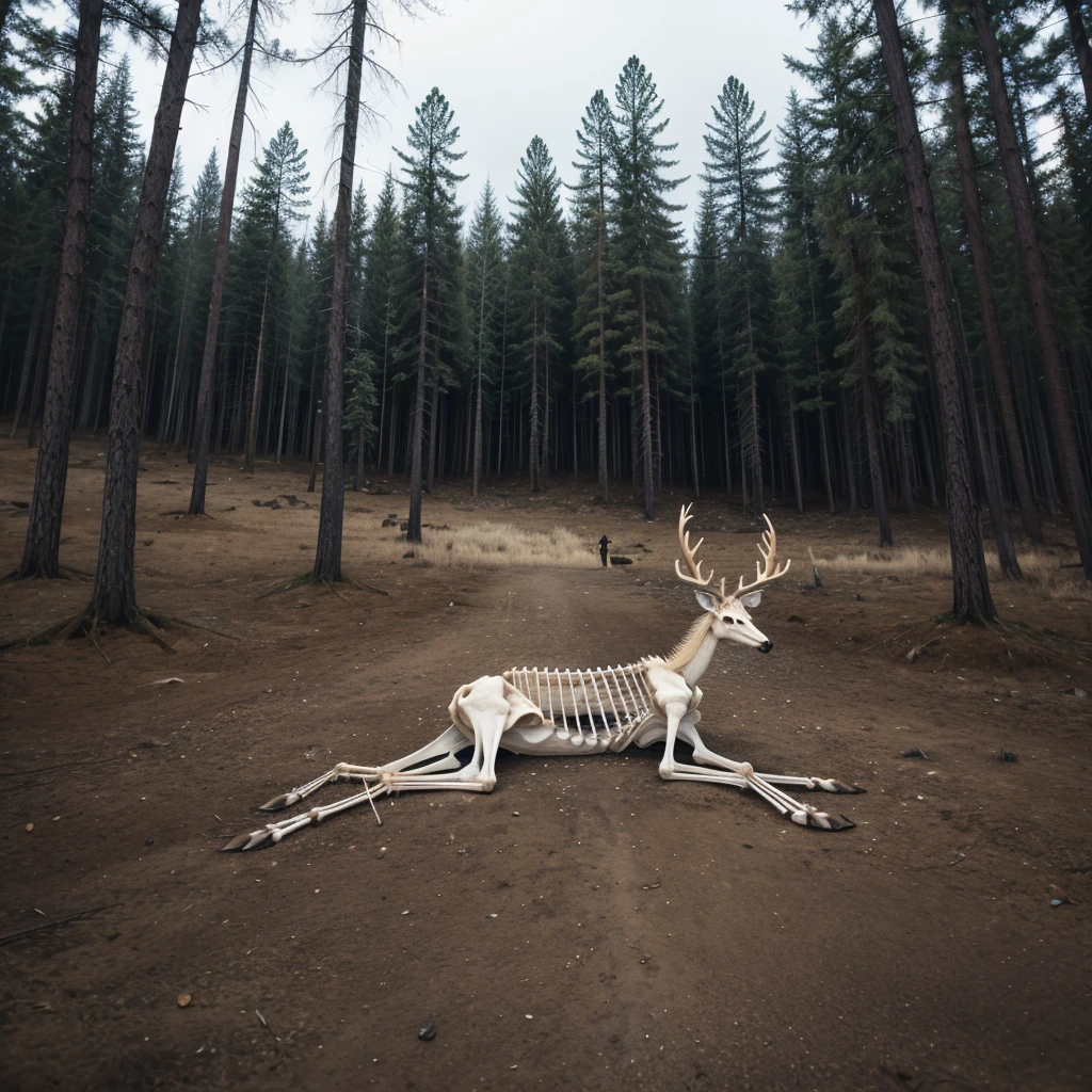 Skeleton of a deer, on a forest, close to a lake