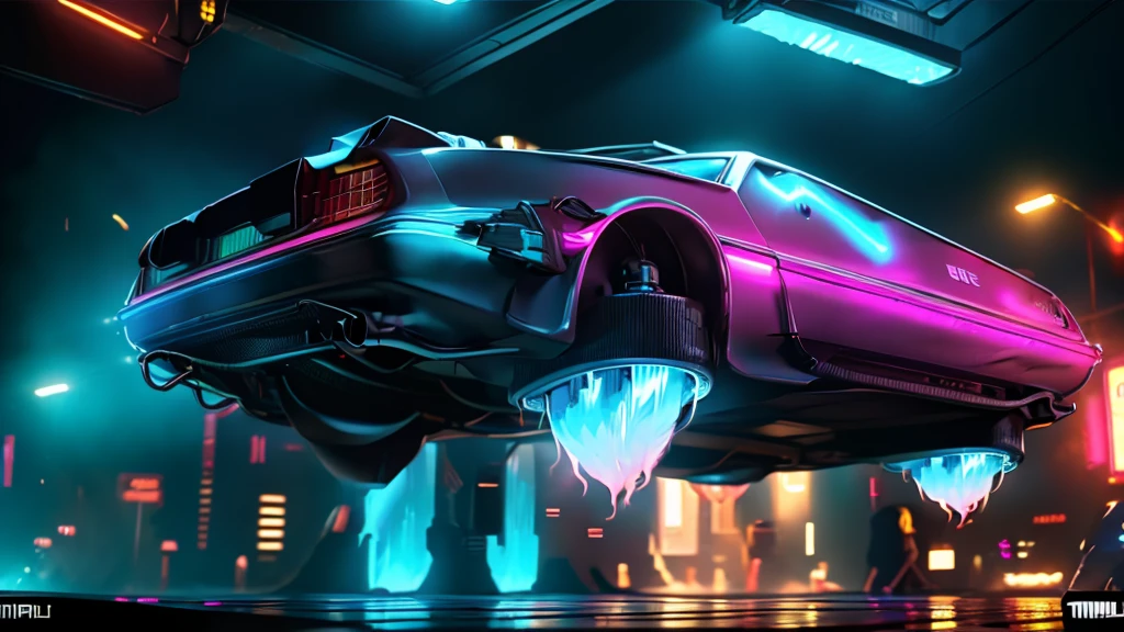 back to the future,timemachine,very fine details,Shiny body,Floating,neon,Very fine LED particles,A body covered in light particles,Concentrated line,radiation,8K,RAW Photos,Highest quality,masterpiece,reality,Very detailed,bfdlrn,