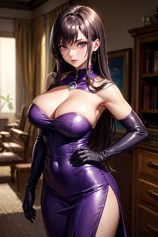 masterpiece, Highest quality, Unreal Engine, Super Resolution, Very detailed,
1 Girl, malaria, Quiz Magic Academy West, thin, (Muscular:0.8), Round Breasts, Big Breasts, bold, Lips parted, Observe the audience,
Are standing, Sexy pose, Westshot,
Simple background anime style, Key Visual,
malaria, (Purple long hair), Purple Dress, dress skirt, Purple long gloves, Black long boots, Sticky with sweat,