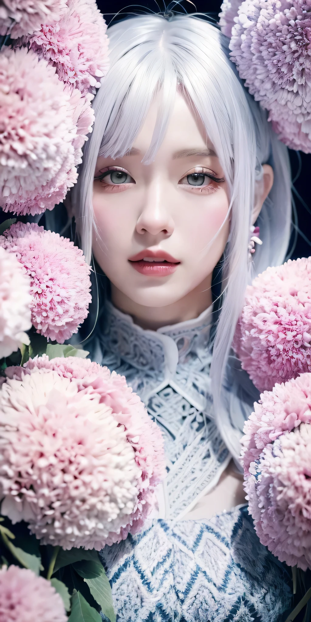 (ultra-detailed background, detailed background), absurdres, highres, ultra detailed, extremly detailed, 1girl, shenhe, genshin impact, striped white hair, purple eyes, (bunch of flowers:1.3), (zentangle:1.2), (geometric:1.2),(colorful),