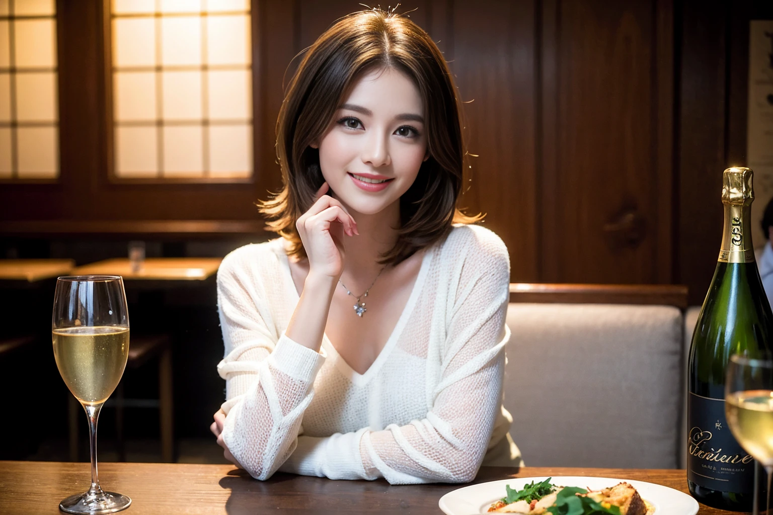 ((Highest quality、8K、masterpiece:1.3))、Shortcuts、cute、slimカップル、modelカップル、actress男優、(Realistic, Intricate details:1.2), full-course dinner、Wine Party、Amazing view of the sunset sky and clouds、A bright smile、short hair,Bright Face、 (Age 45), 42 years old, red wine 、Appetizers、Italian food、Wine bottle、Champagne、sparkling wine、Two beauties、Brown Hair、Shortcuts、Long sleeve shirt、dress、Beautiful woman 1, (slimな顔), (The body is slim), (Brown Hair), (Shortcuts), cheeks turn a little red,Attractive beauty、restaurant, In a prominent place (From the waist up) Nova Frog Style, actress, model, Upper Body, White wine, slim, wine glass, 中央に置かれたwine glass, smile, (smile: 1.15), Beautiful fine grain, Depth f/2,saturation, High Contrast, Strong light and shadow,Moist Body:1.5、3D texture、Delicate eyes、Brown Hair、The hair is very shiny、