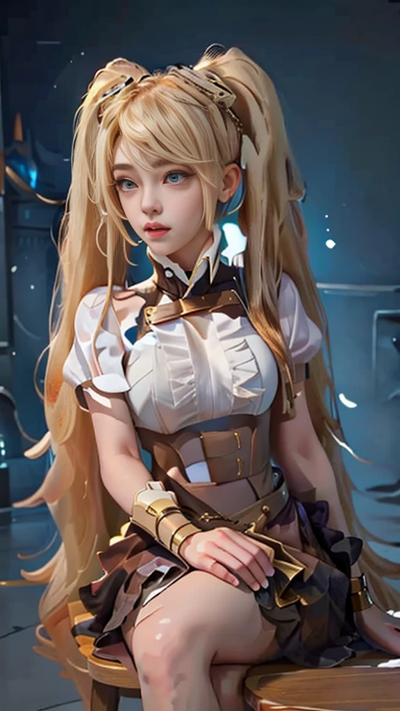 Blonde hair, horn, perfect round breasts, cute girl, beautiful girl, sitting cross-legged, twintail, long hair, Malefic Bomb, 