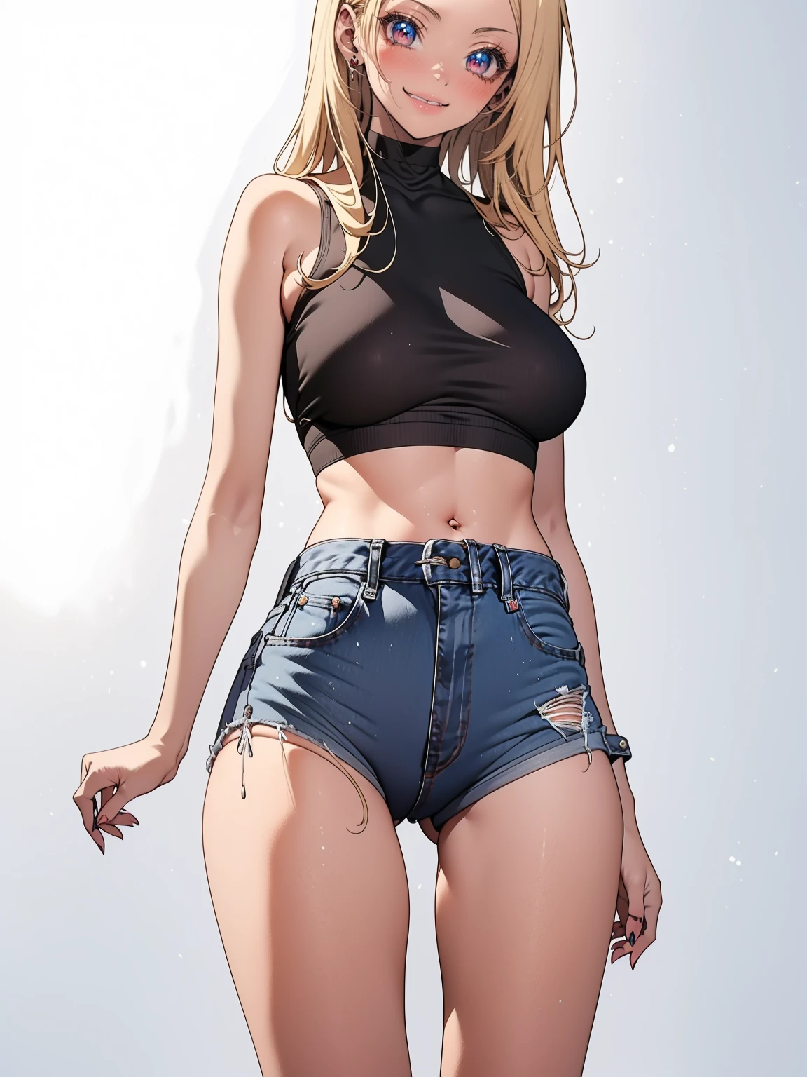 アニメ, アニメ, 2d, 16 yrs old, 16 yrs old, ((black belt)), (((whole body))), very kawaii, ssmile, labia lips, seductive ssmile, standing alone, Scrawny, breasts big, Plain White T-Shirt, very tight shorts, shorts, Shorts jeans, dynamic angle, no back ground, White background, gazing at viewer, darker shadows, (((absurderes))), (((tight slit))), (((camel toe))), (((sleeveless))),