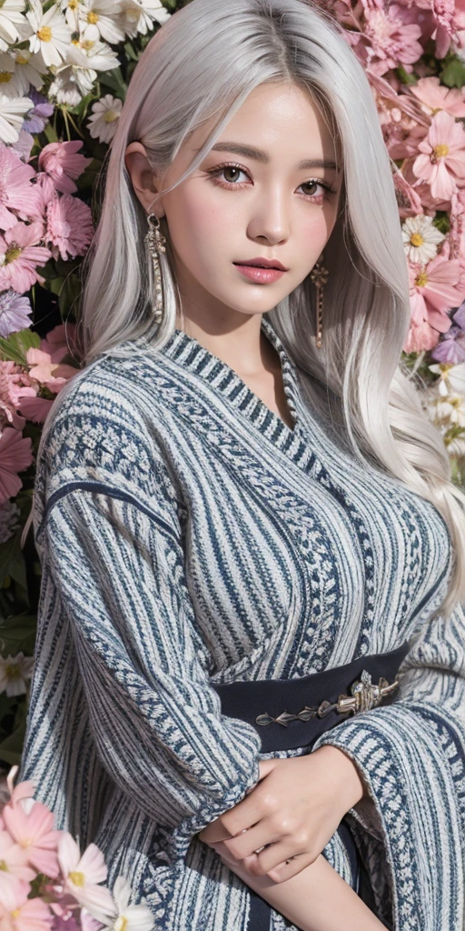 (ultra-detailed background, detailed background), absurdres, highres, ultra detailed, extremly detailed, 1girl, shenhe, genshin impact, striped white hair, purple eyes, (bunch of flowers:1.3), (zentangle:1.2), (geometric:1.2),(colorful),