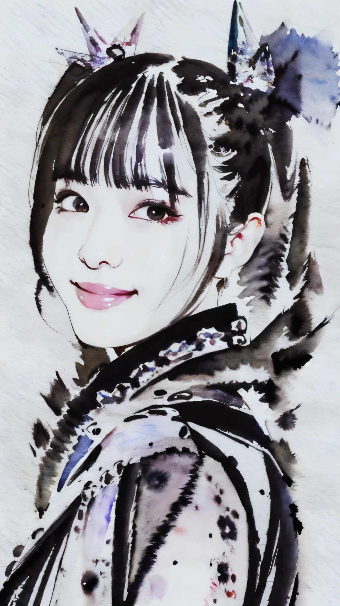 (masterpiece:1.2),(Highest quality),(Very detailed),(High resolution),8K,wallpaper,((Watercolor)),Photo of a woman in a black dress by Babymetal,((moakiku:1.3)),Full body portrait,Very beautiful face,(Detailed skin texture:1.3),(Beautiful portrait:1.2),A lovely and delicate face,Beautiful young Japanese woman,front,(Flashy makeup),(smile)