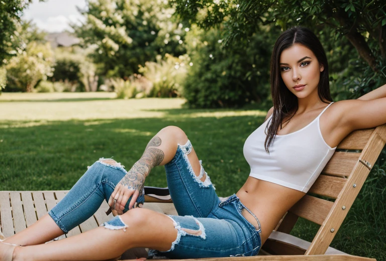 A REALISTIC, full-body image of female laurence bedard, Age 20 dressed in wet cropped T-shirt and ripped jeans. perfect-eyes, captivating-gaze, perfect-lips, perfect-anatomy, stunningly-beautiful, high-saturation, 35mm-raw-photo. She has blue eyes and a grey-dark-roots hair style. And is in a garden, And she is lying on a lounger sunbathing