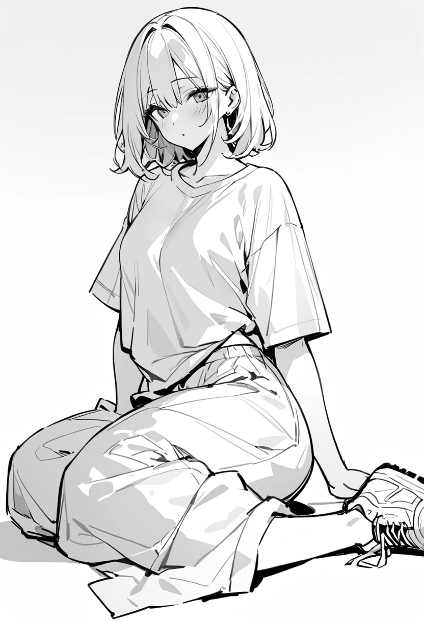 (delicate、masterpiece, Highest quality:1.2), 1 Girl, alone, A loose-fitting monochrome short-sleeved T-shirt, Relaxed wide pants、sneakers、 whole body, Simple Background, White background,Eyes open、Beautiful eyes