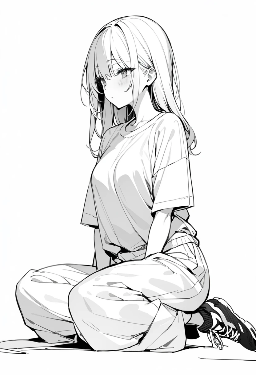 (delicate、masterpiece, Highest quality:1.2), 1 Girl, alone, A loose-fitting monochrome short-sleeved T-shirt, Relaxed wide pants、sneakers、 whole body, Simple Background, White background,Eyes open、Beautiful eyes
