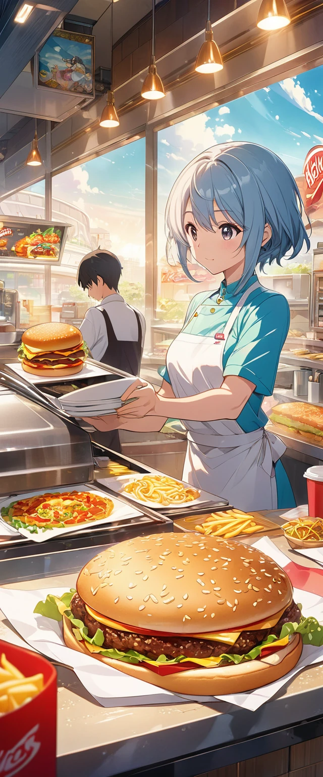 Fast food restaurant clerk cover art, Anime Visual, Detailed key animation art, anime artwork, Ethereal anime impact.Beautiful and extremely fine texture,detailed, bright, Animation style high definition and high quality presentation,