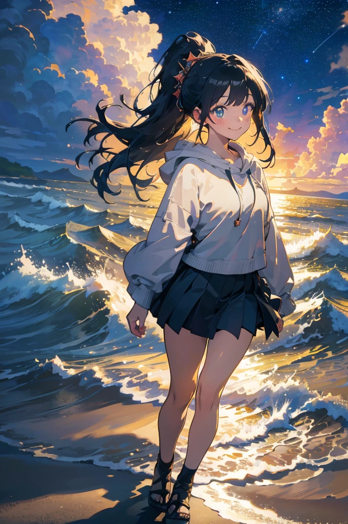 (masterpiece), (high resolution 8K), professional illustration,(1 girl:1.3), late teenage,walking , thigh focus, dutch angle, japanese clothes, hoody, mini-skirt , hair ornament,ponytail, smile, looking up,on the beach,Quiet Waves, beautiful starry sky, night,natural lighting, high contrast, stunning face, symmetrical clear eyes, detailed eyes and face, detailed skin